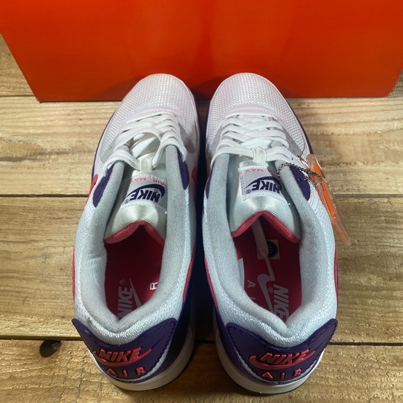 NEW: Nike Air Max 90 White/Eggplant/Red Sneakers: CW1360-100 - Picture 5 of 16